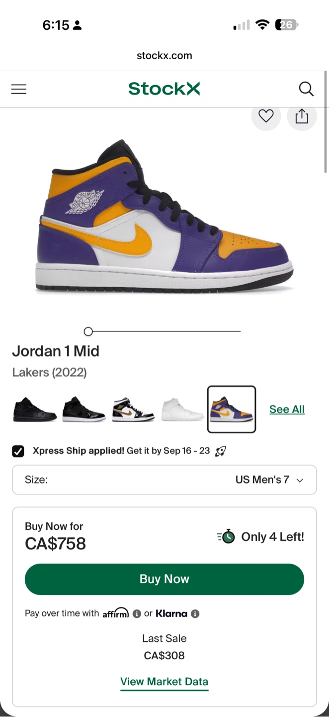 New Nike Air Jordan 1 Mid Lakers 2022 Size 7y US