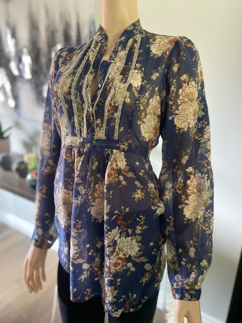 Bohemian Floral Lace-Trim Tie-Back Blouse M - photo 2
