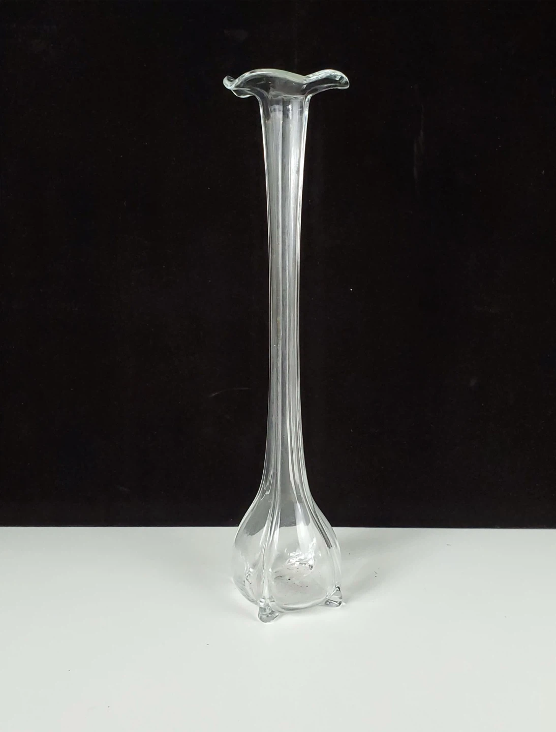 Vintage Clear Tall Swung Glass Ribbed Fluted Pedestal Bud Vase