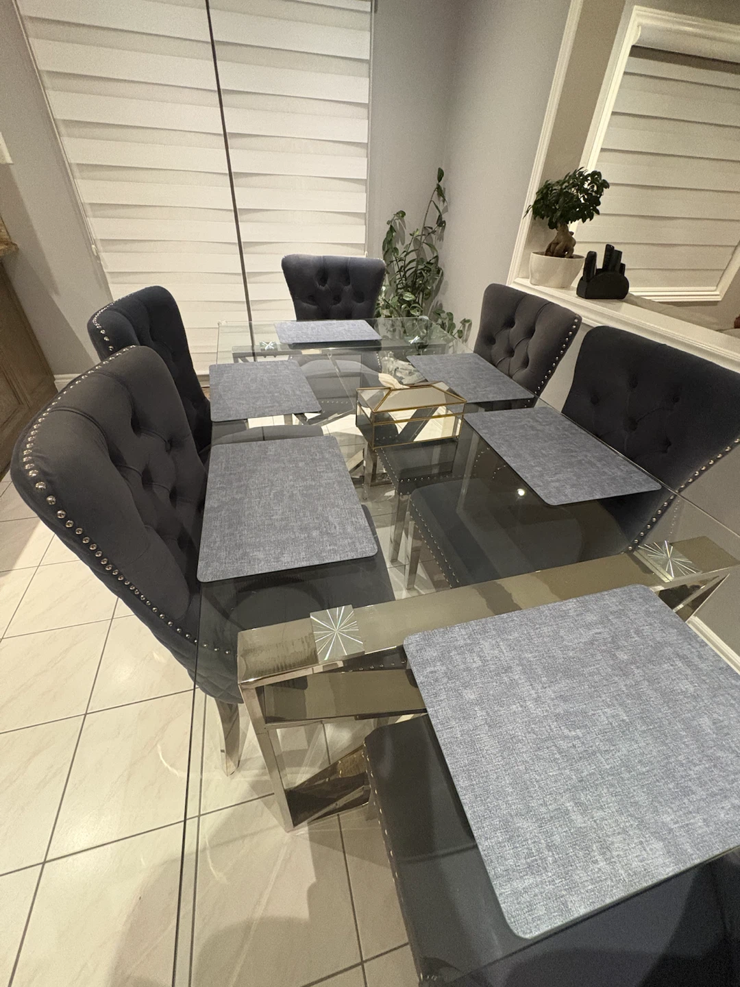 Glass Dining Table with 6 Upholstered Chairs
