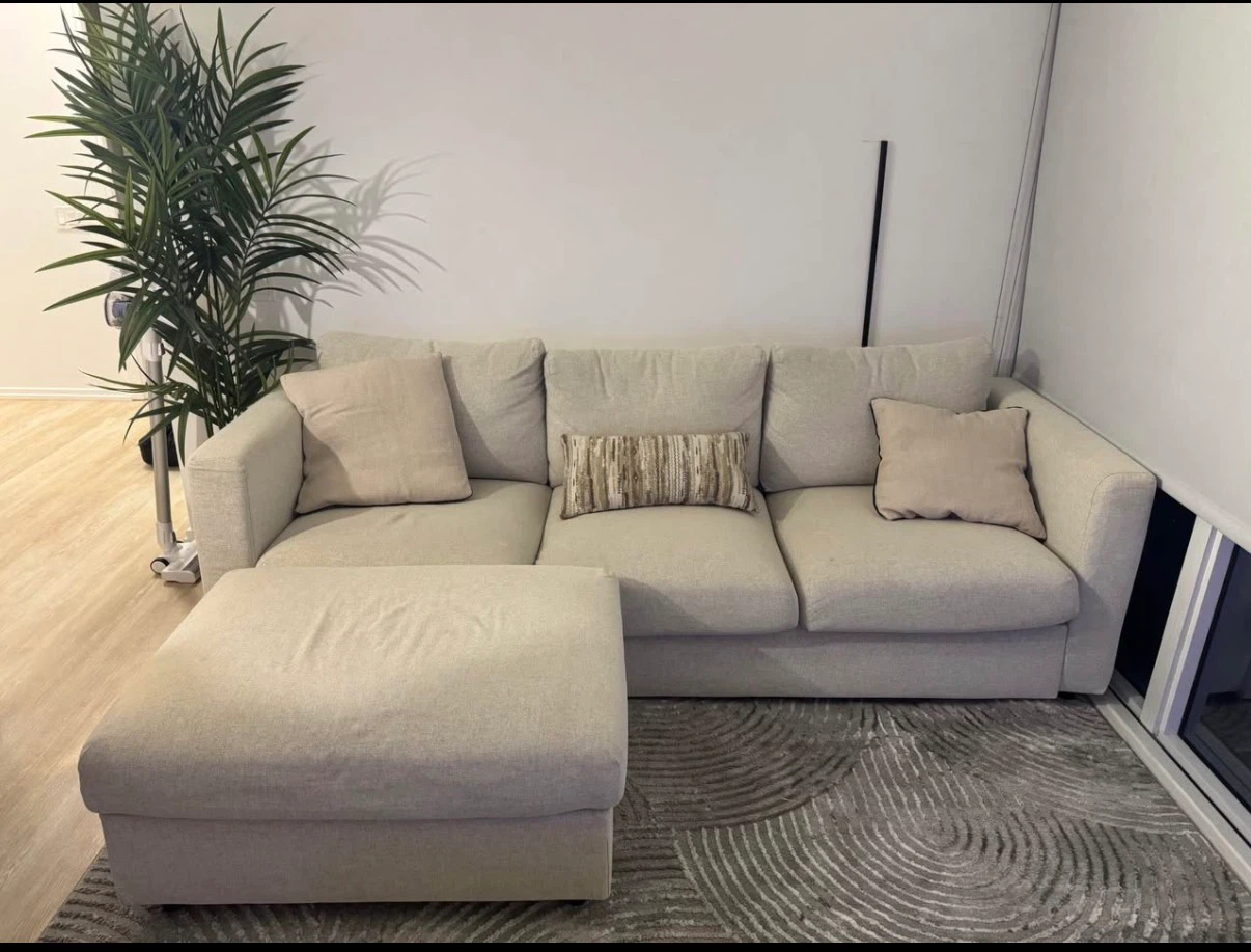 Beige 3-Seater Sofa with Storage Ottoman