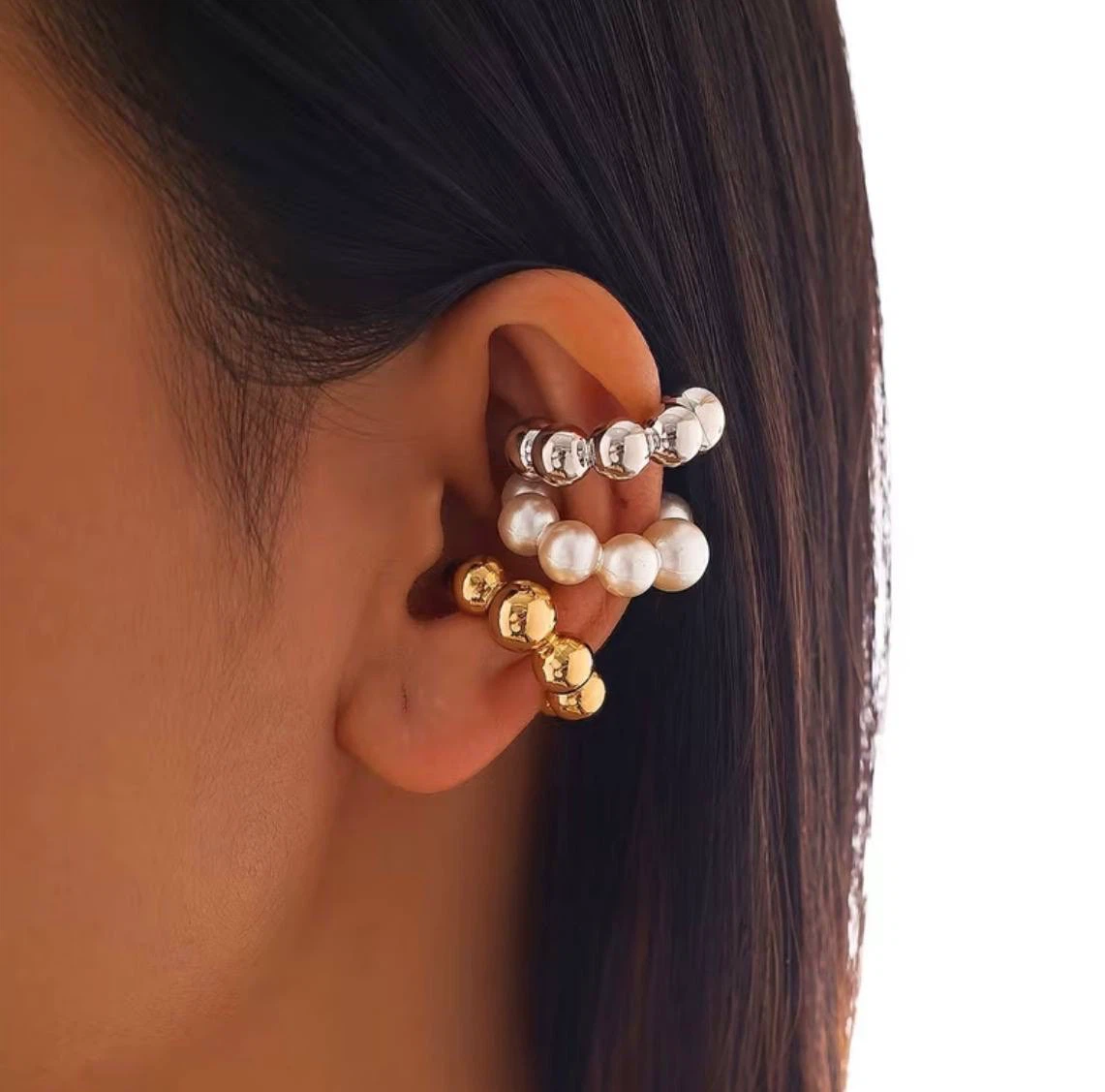 Set of 3 Ball Bead Ear Cuffs