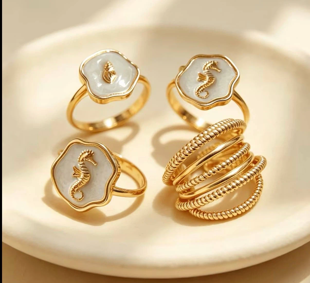 Ocean-Inspired Ring Set – Seashell, Seahorse & Twist Band - photo 3