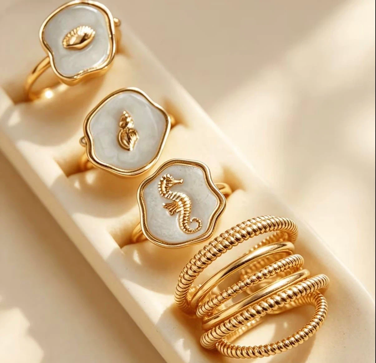 Ocean-Inspired Ring Set – Seashell, Seahorse & Twist Band - photo 4