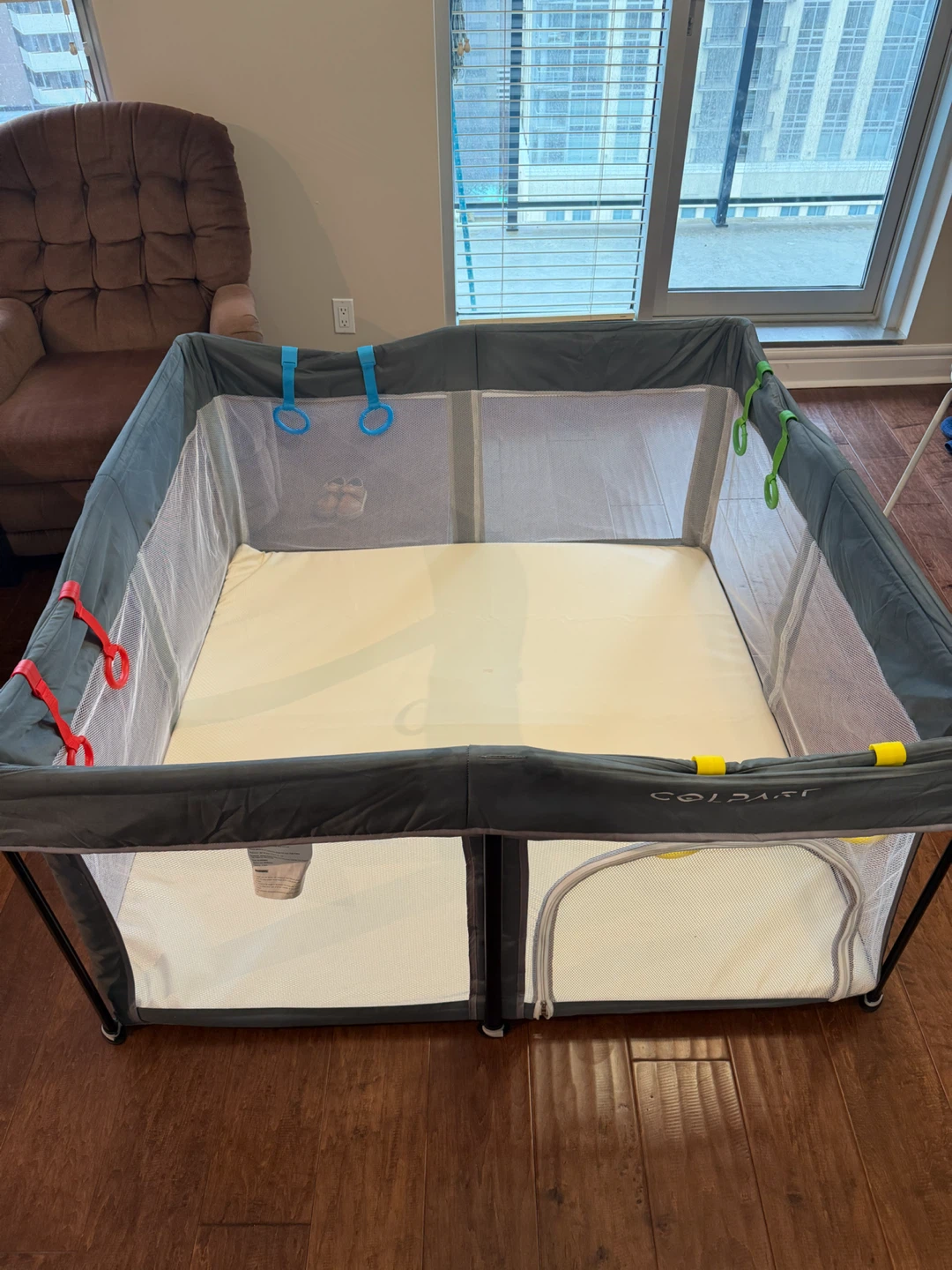 Portable Baby Playpen + Fitted Cushion Mat + Pull-Up Rings Combo