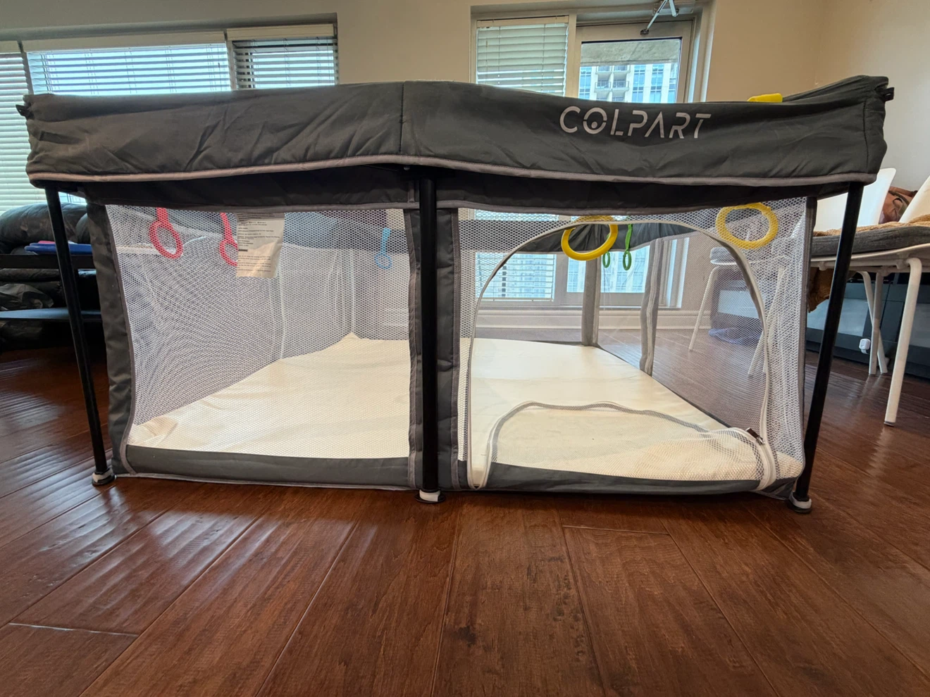Portable Baby Playpen + Fitted Cushion Mat + Pull-Up Rings Combo - photo 2