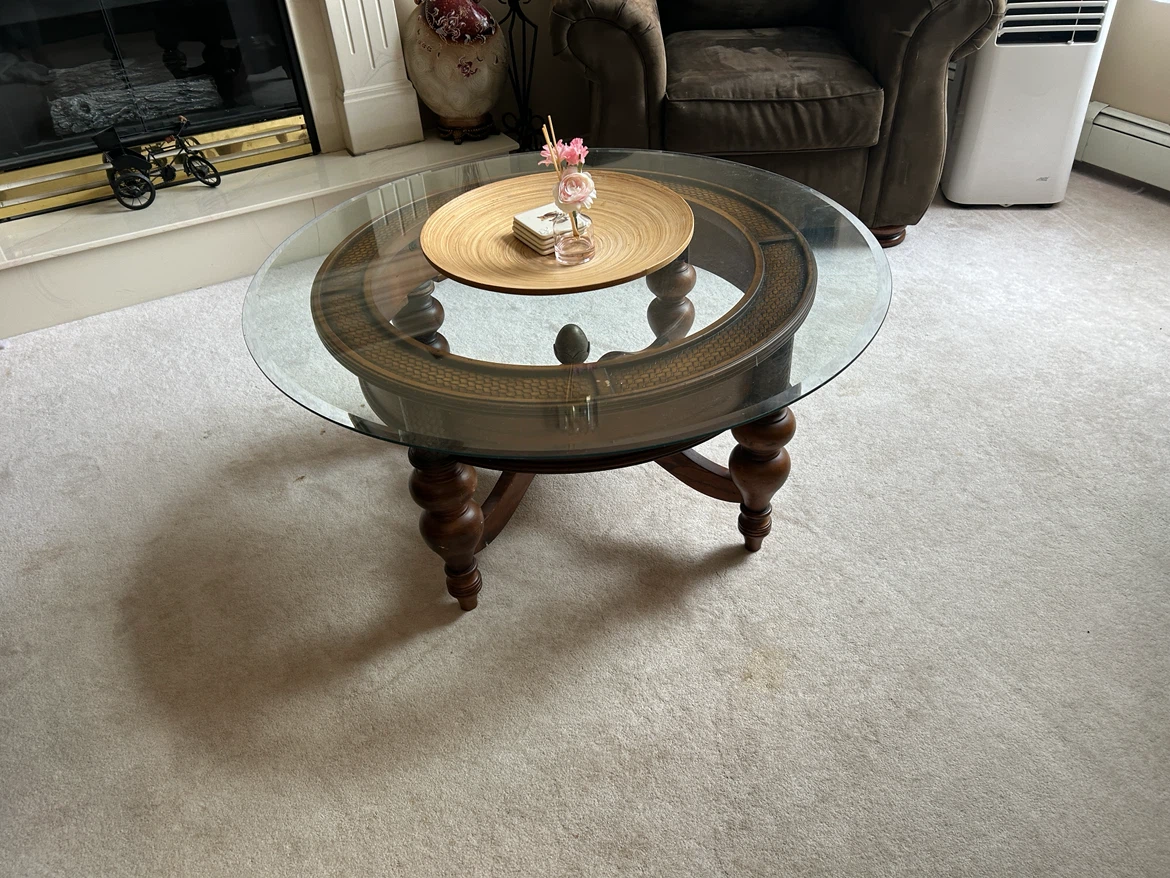 Round Glass Coffee Table with Wood Base