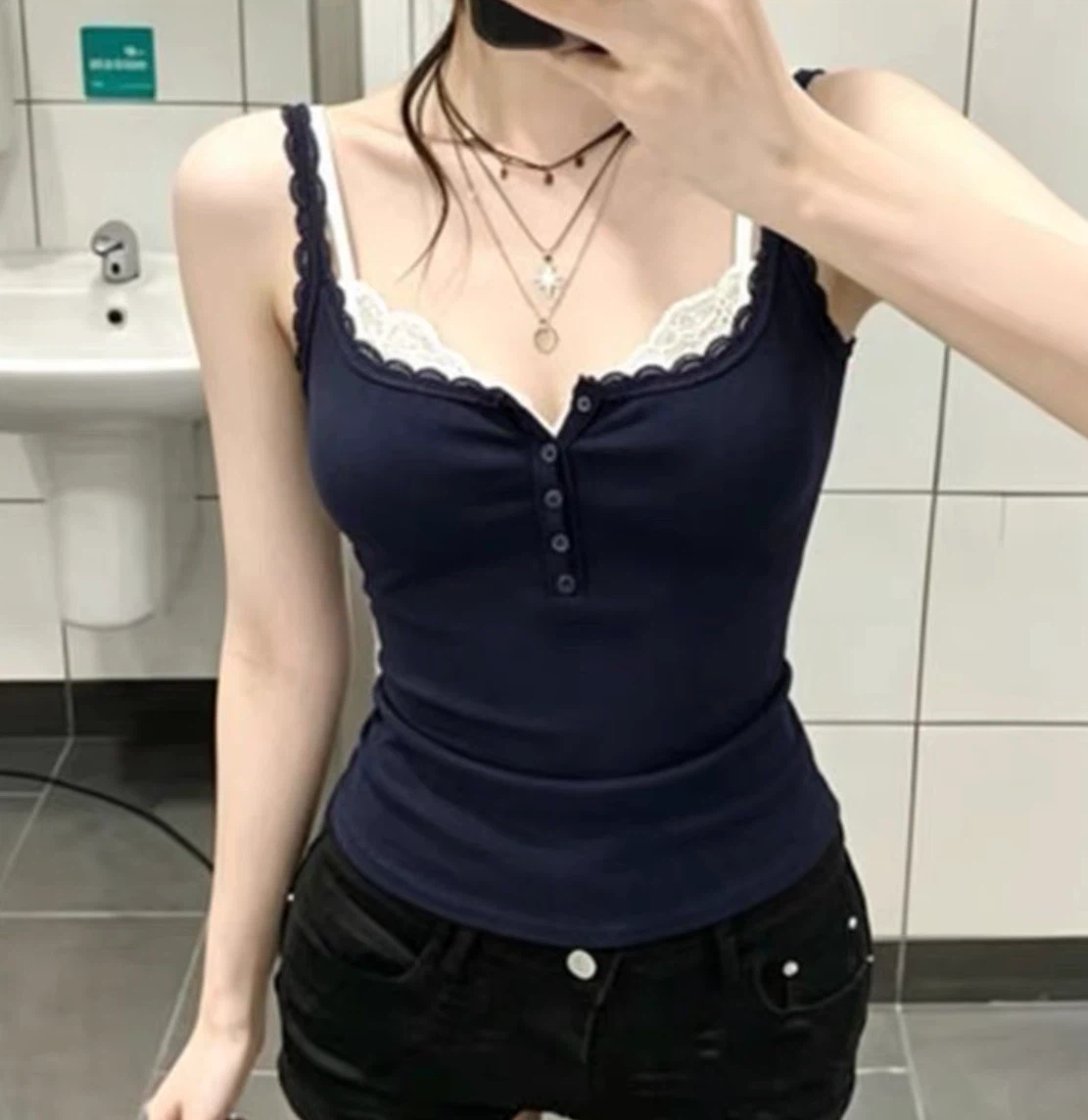 Navy Blue Lace-Trim Tank Top