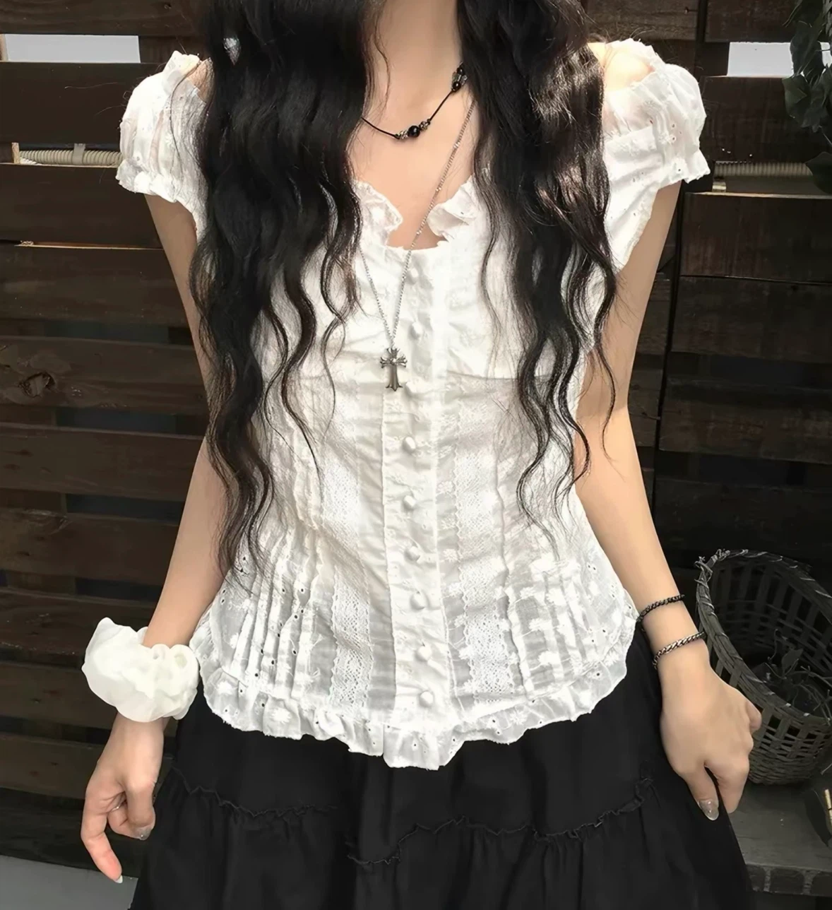 New Korean Style White Eyelet Button-Down Blouse