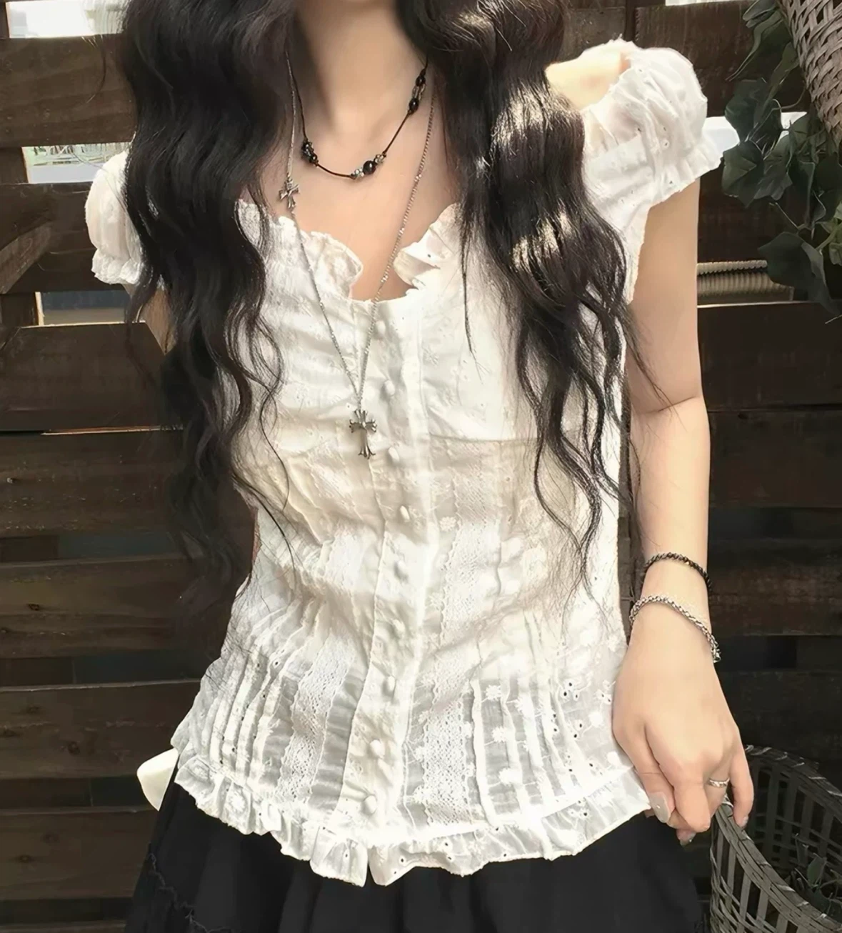 New Korean Style White Eyelet Button-Down Blouse - photo 4