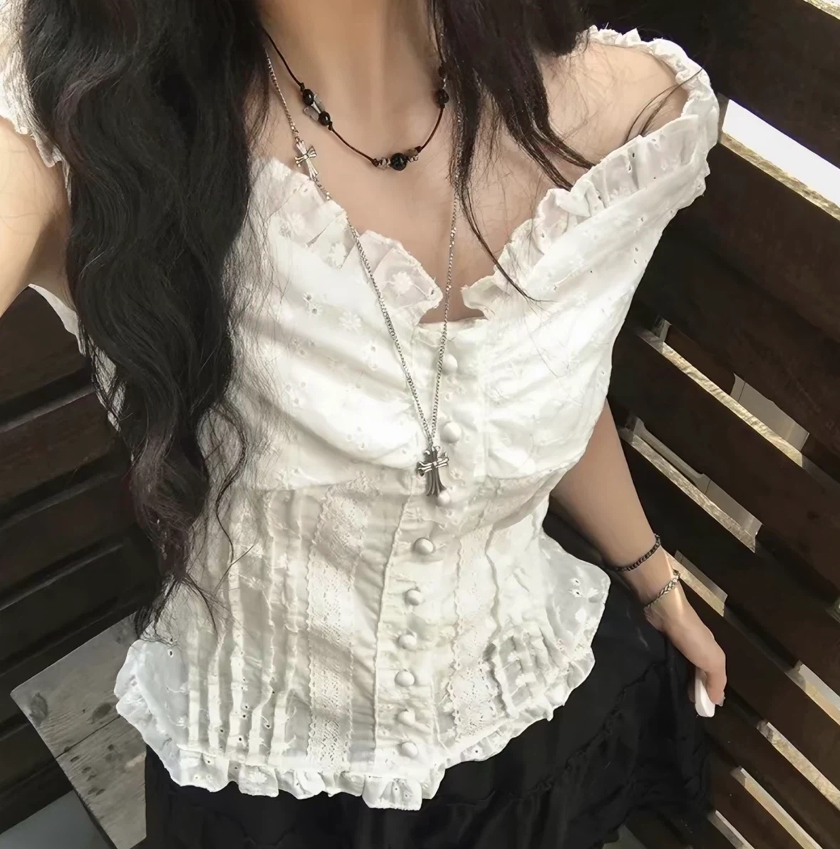 New Korean Style White Eyelet Button-Down Blouse - photo 5