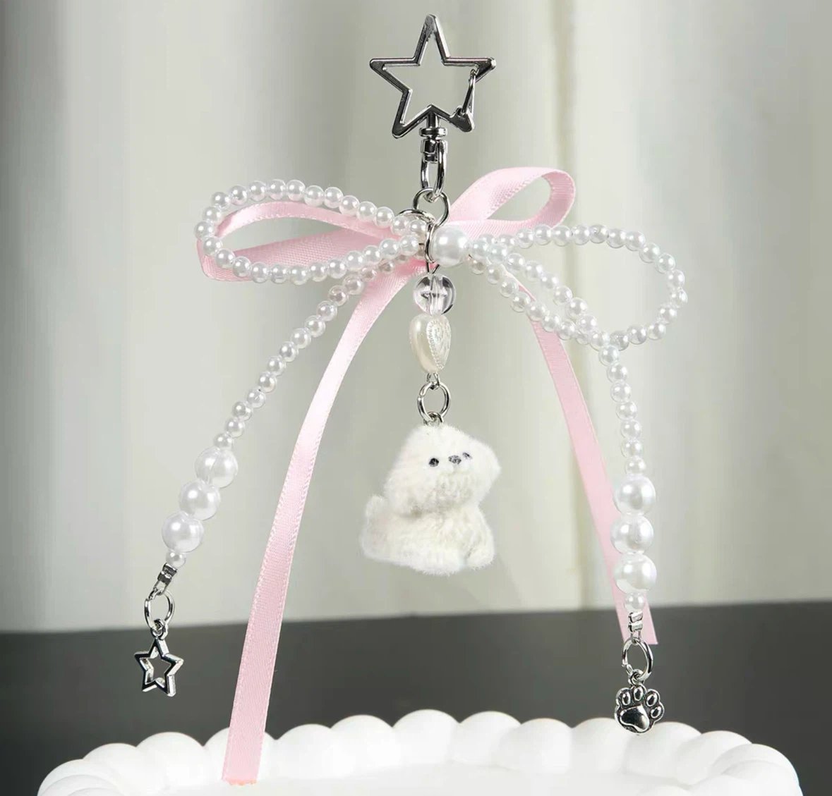 New White Dog Charm with Pink Ribbon and Pearls