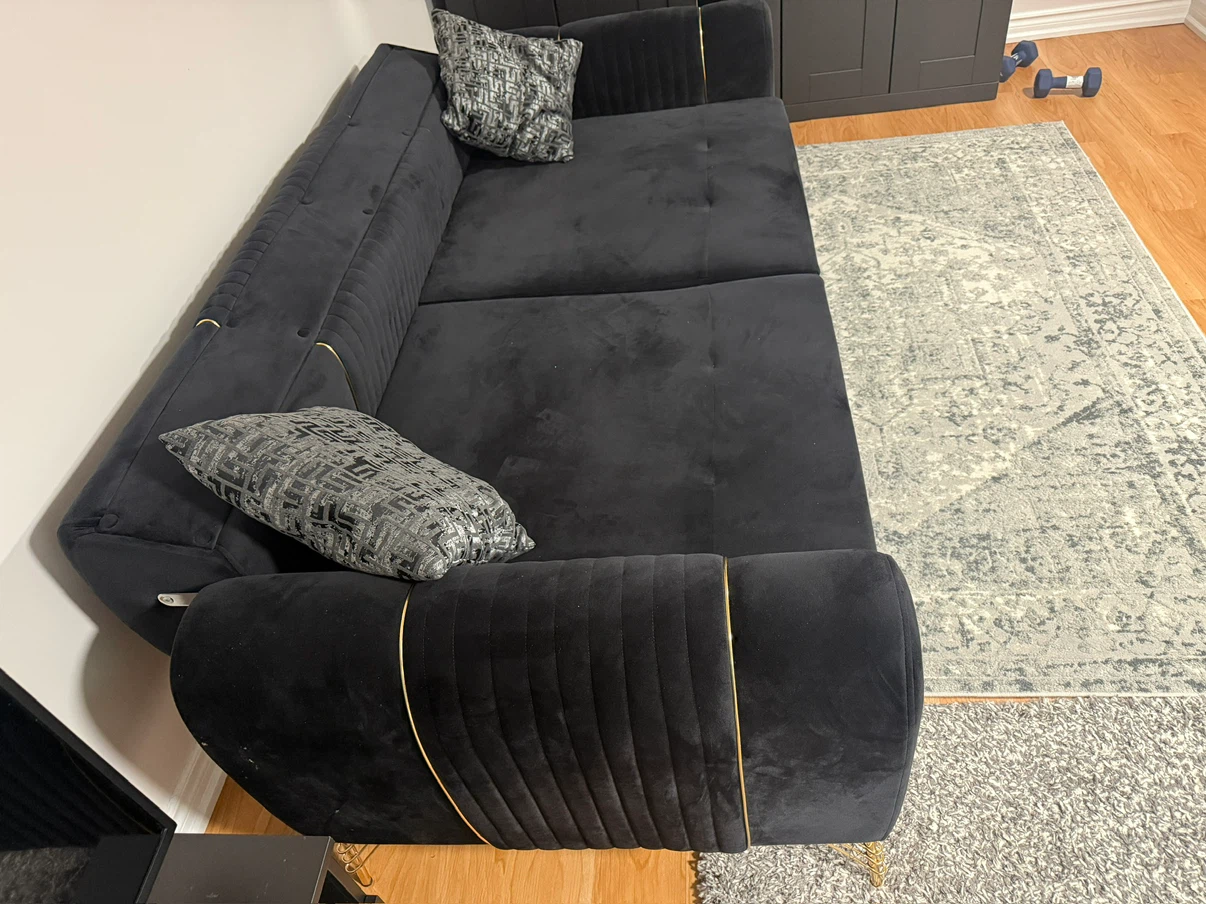 Black Velvet Sofa with Gold Accents