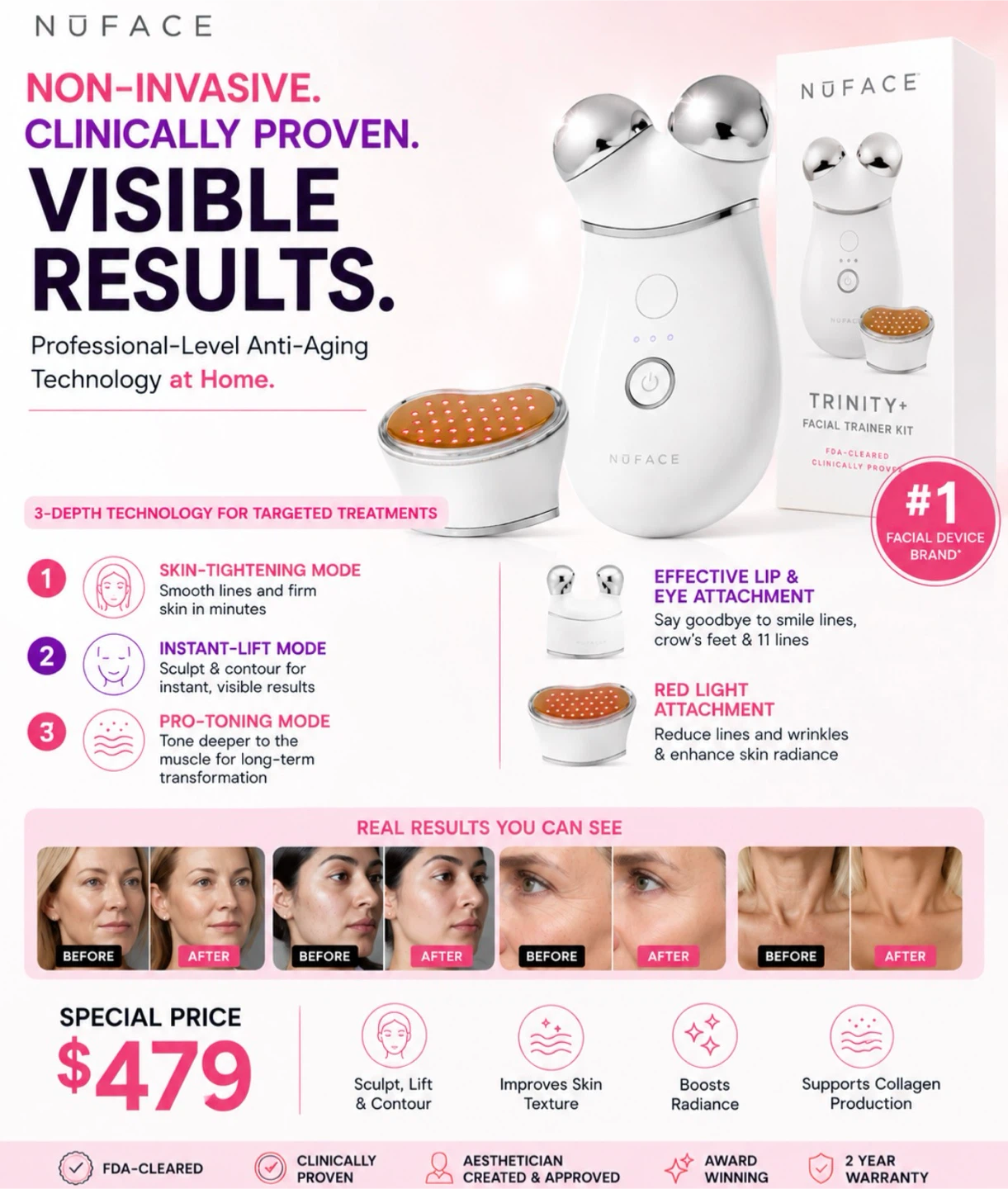 NuFACE Microcurrent Home Facial Device – 3 Attachments (479$)✨