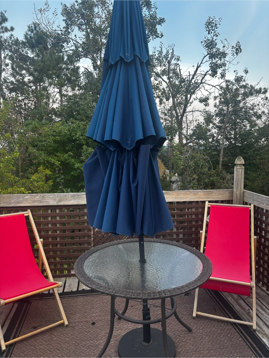 Blue Outdoor Patio Umbrella + Table/Chairs