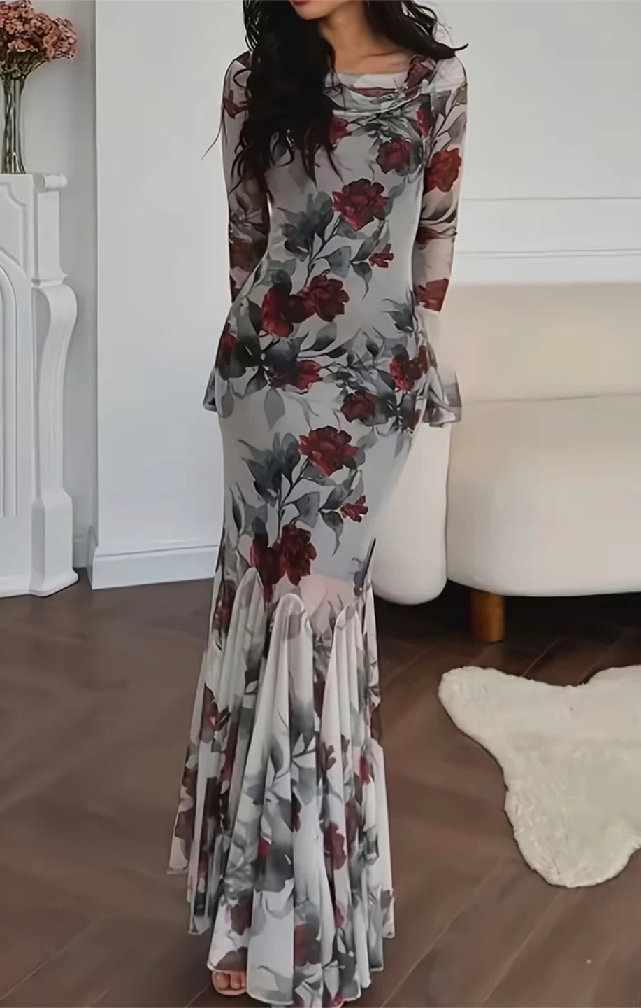 Floral pattern long-sleeve maxi dress