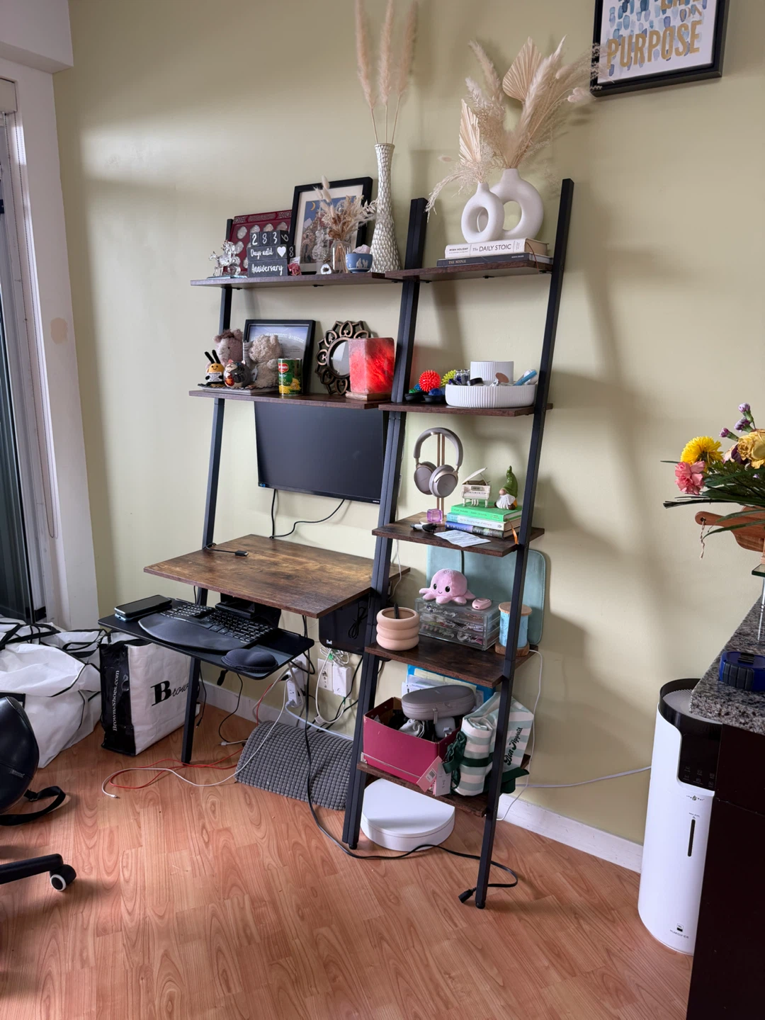 Desk + shelf + light + keyboard tray