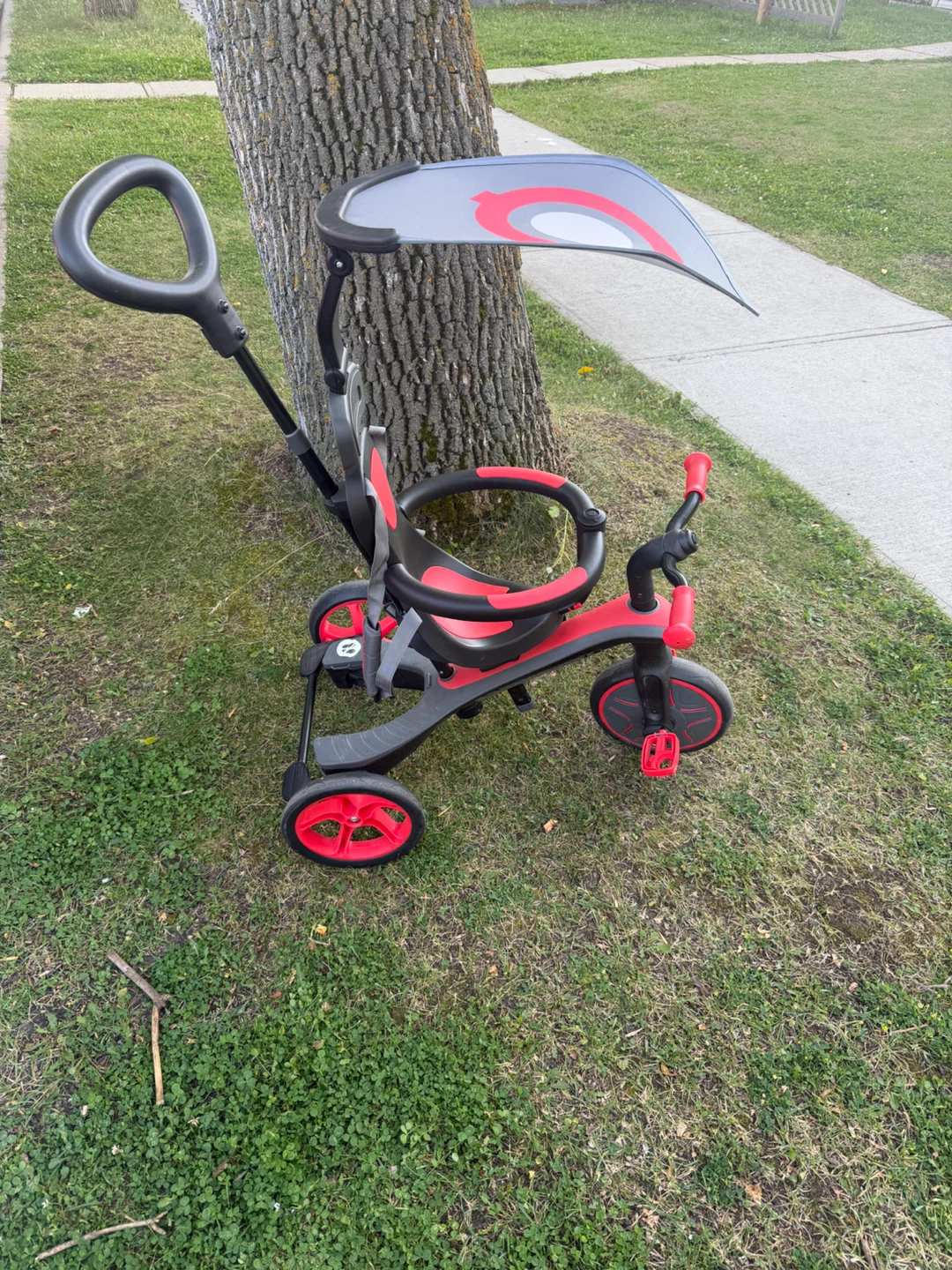Red and black toddler tricycle with canopy
