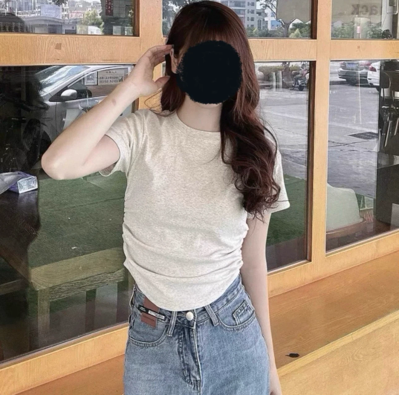 Grey Ruched Sides Curved Hem Crop Tee