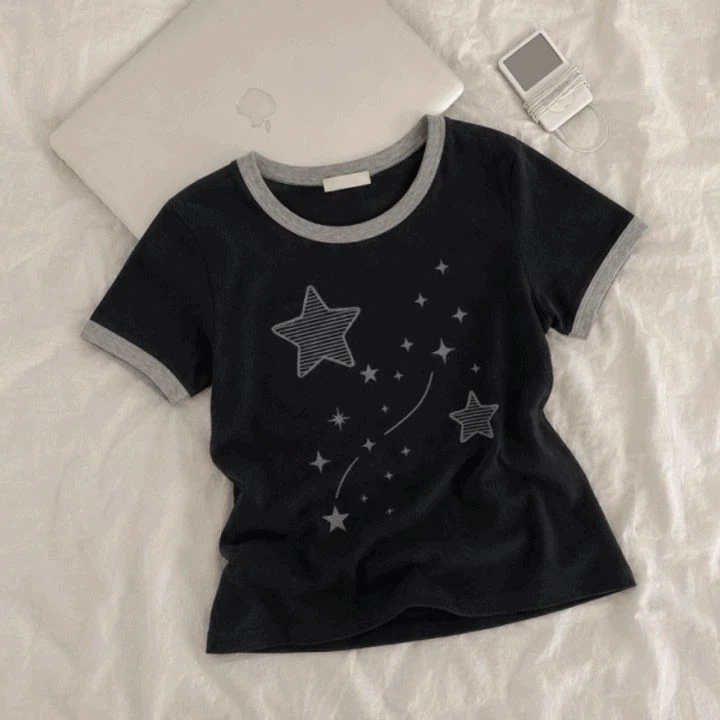 HIJJOO Y2K Star Graphic Ringer Tee