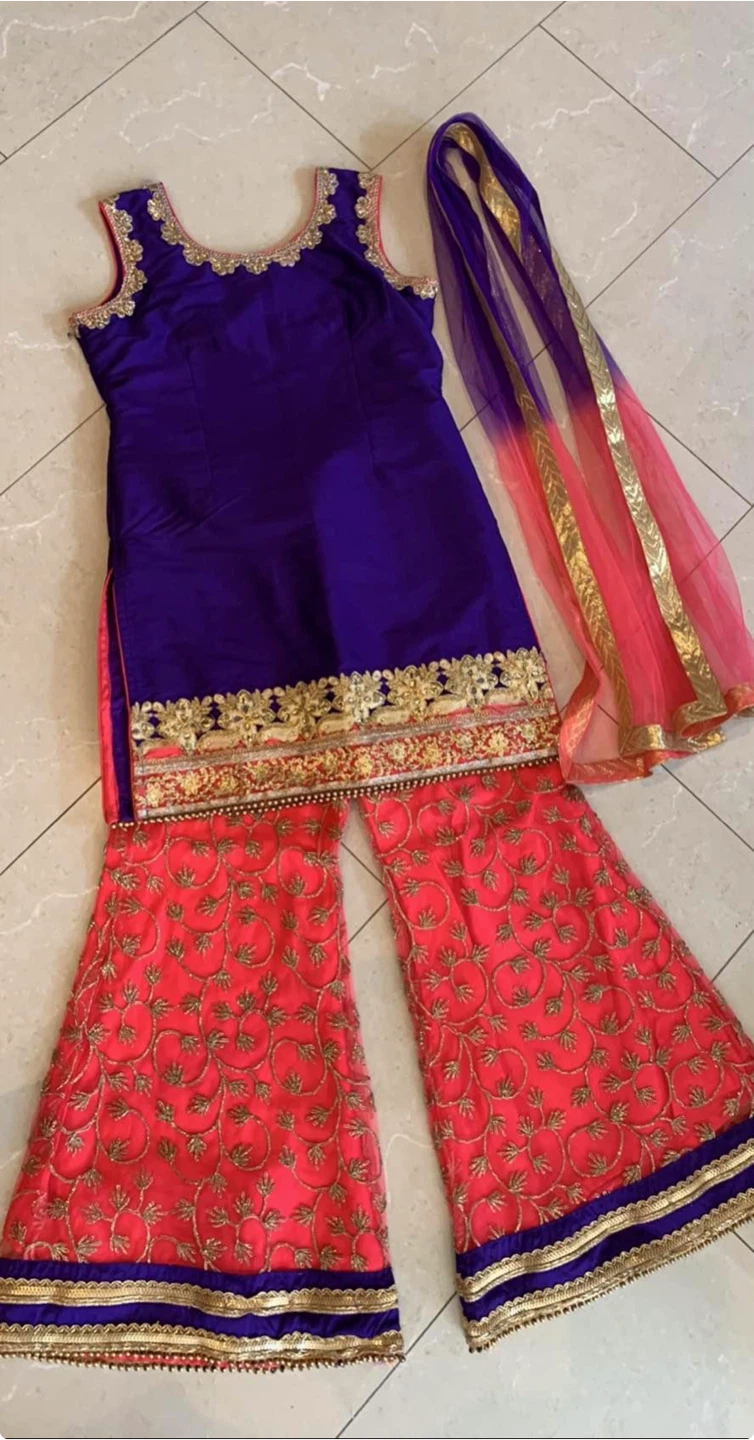 Purple and Pink Embroidered Sharara Set - for girls 10-12