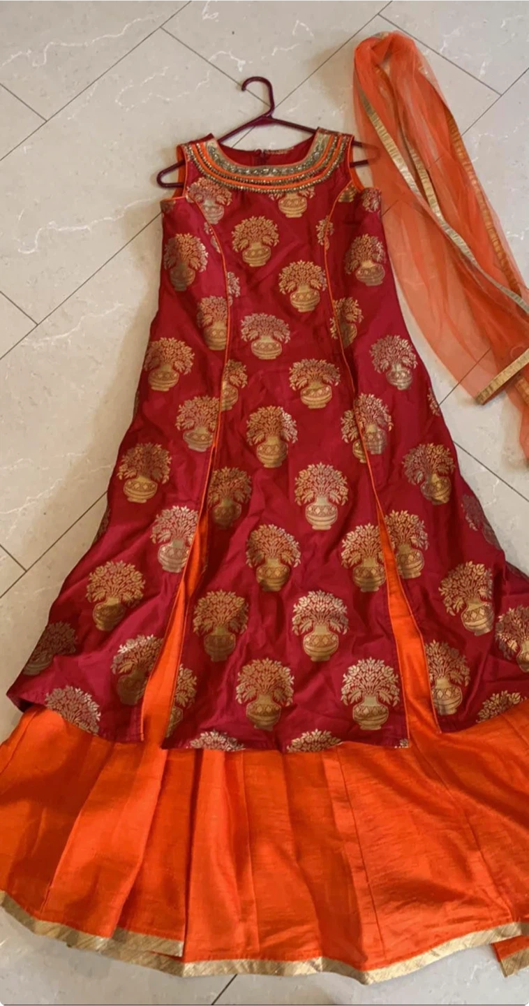 Girls - Red and Orange Ethnic Long Dress Set/lehnga