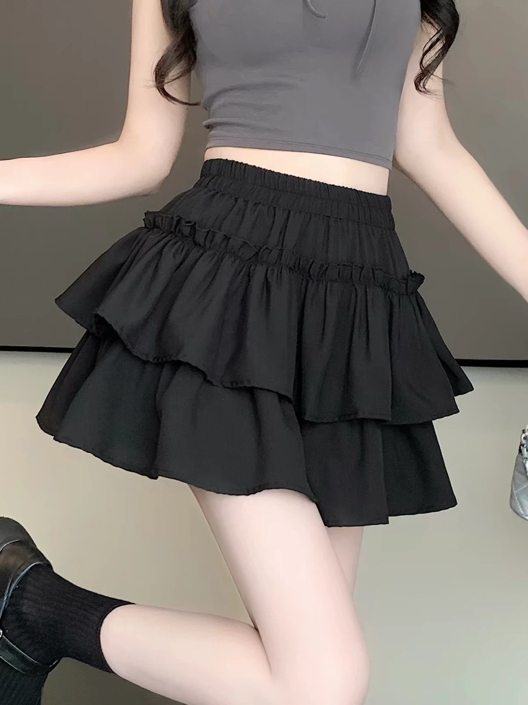 Black Tiered Ruffled Mini Skirt