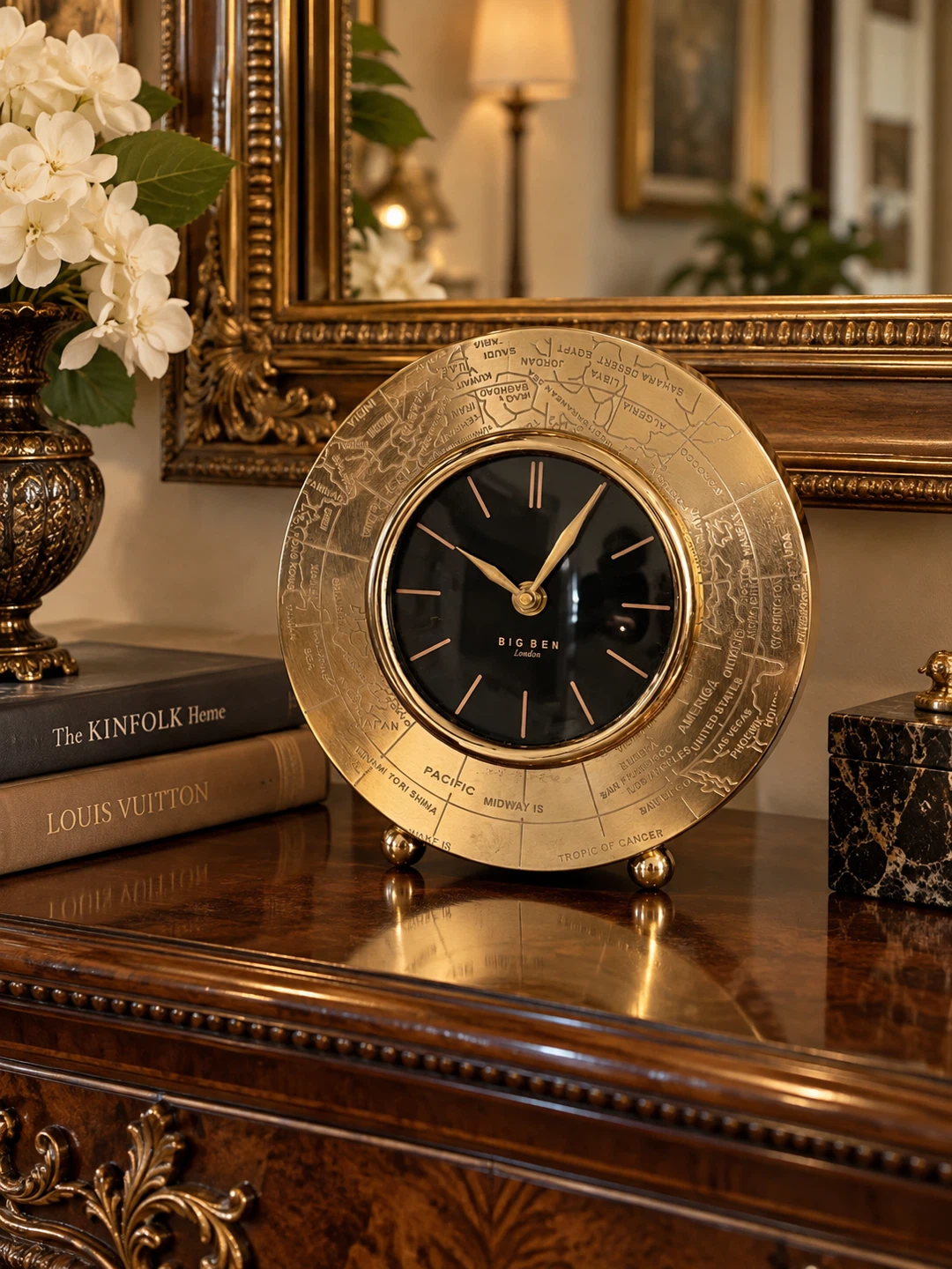 Big Ben London gold world map desk clock
