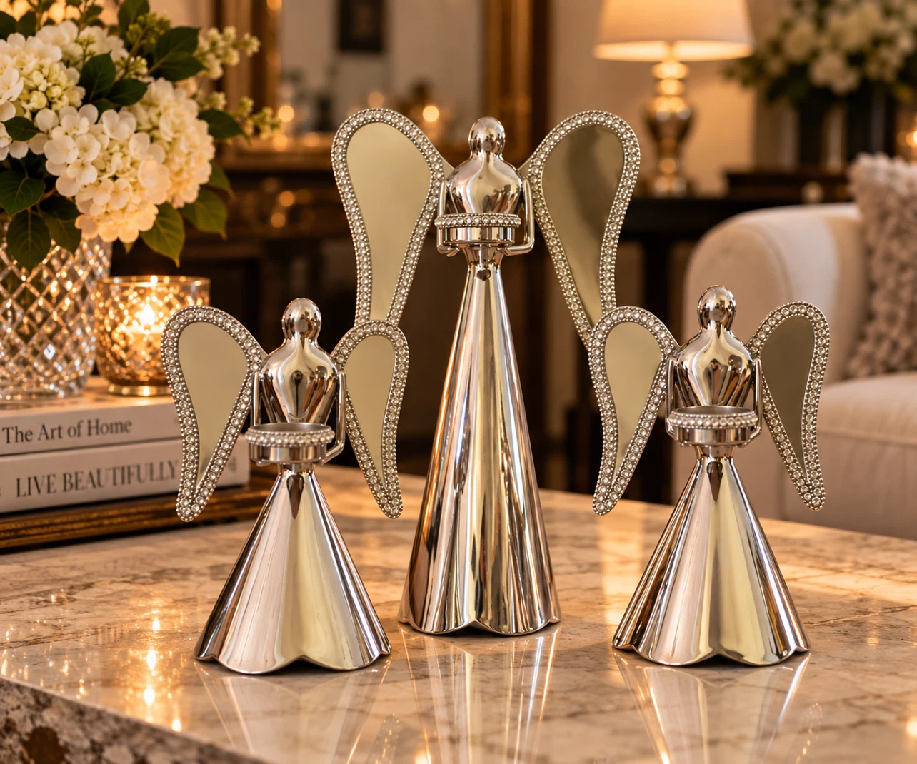 Set of 3 Silver Angel Candle Holders