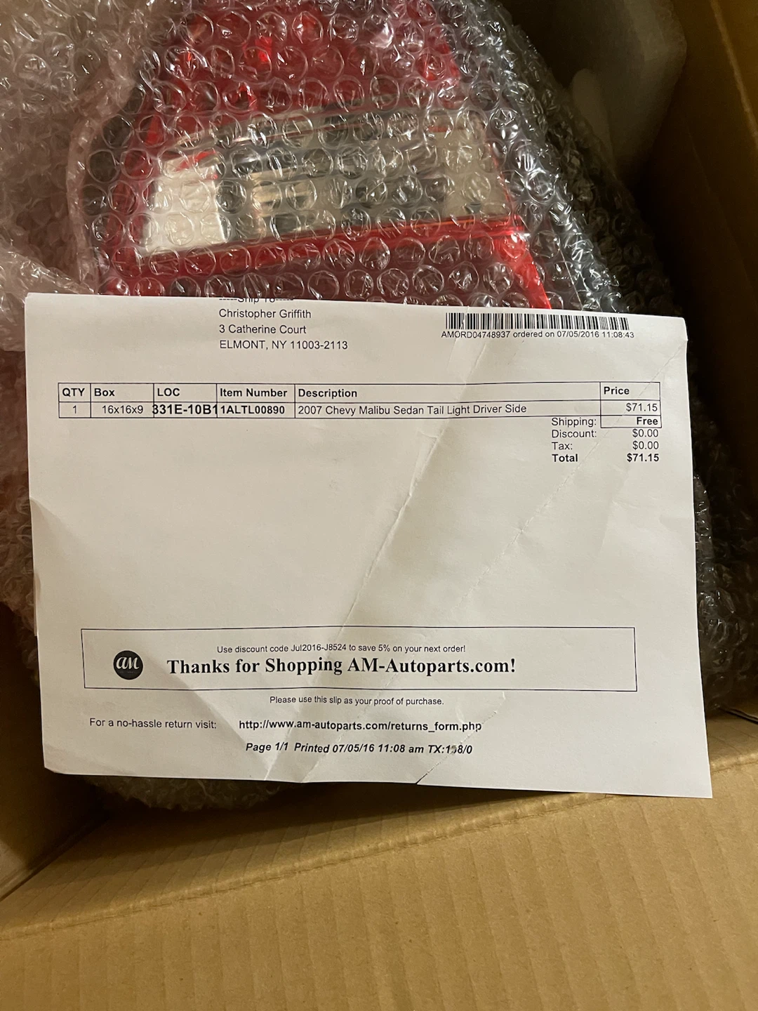 2007 Chevy Malibu Sedan Driver Side Tail Light - photo 3
