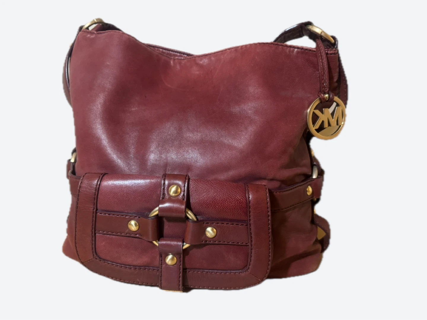 Michael Kors Burgundy Leather Hobo Bag with Gold Tone Hardware