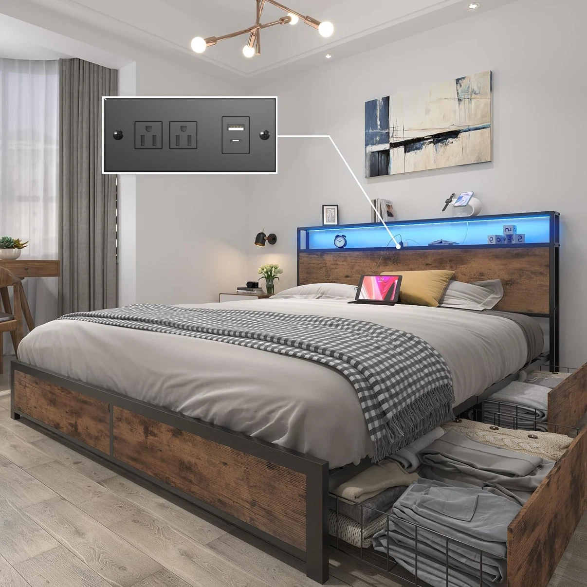 Queen Bed Frame with 2-Tier Storage Headboard
