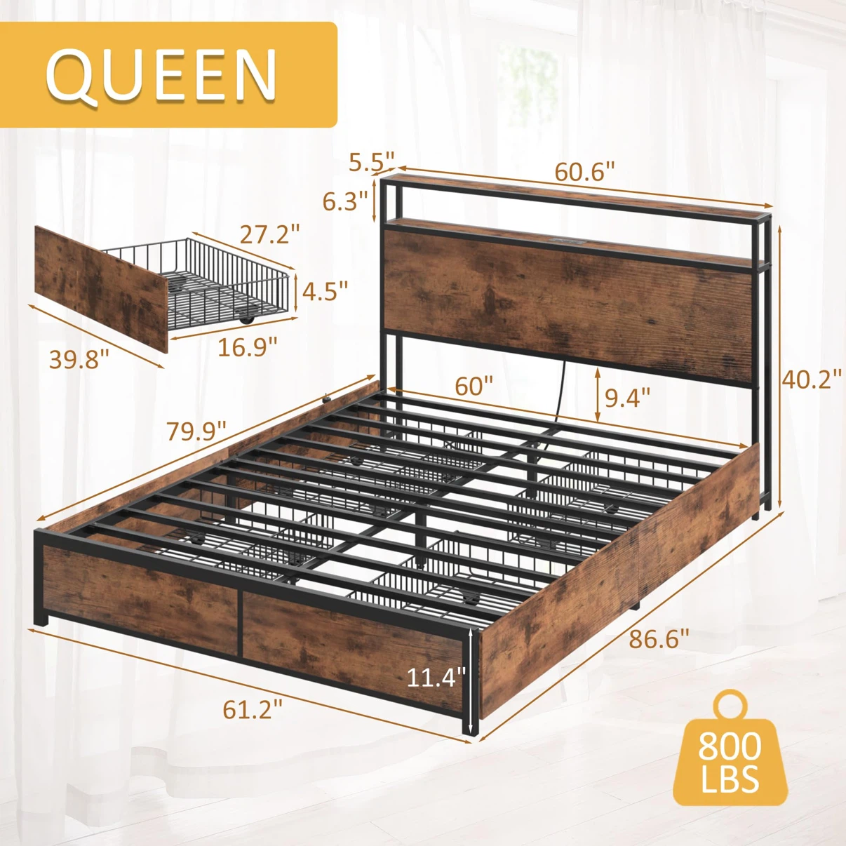 Queen Bed Frame with 2-Tier Storage Headboard - photo 2