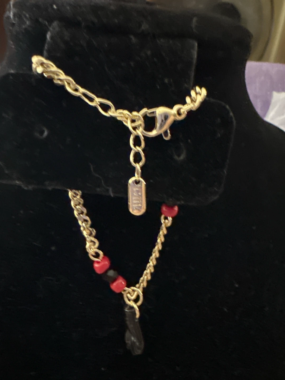 CM Gold Tone Chain Bracelet with Red and Black Beads