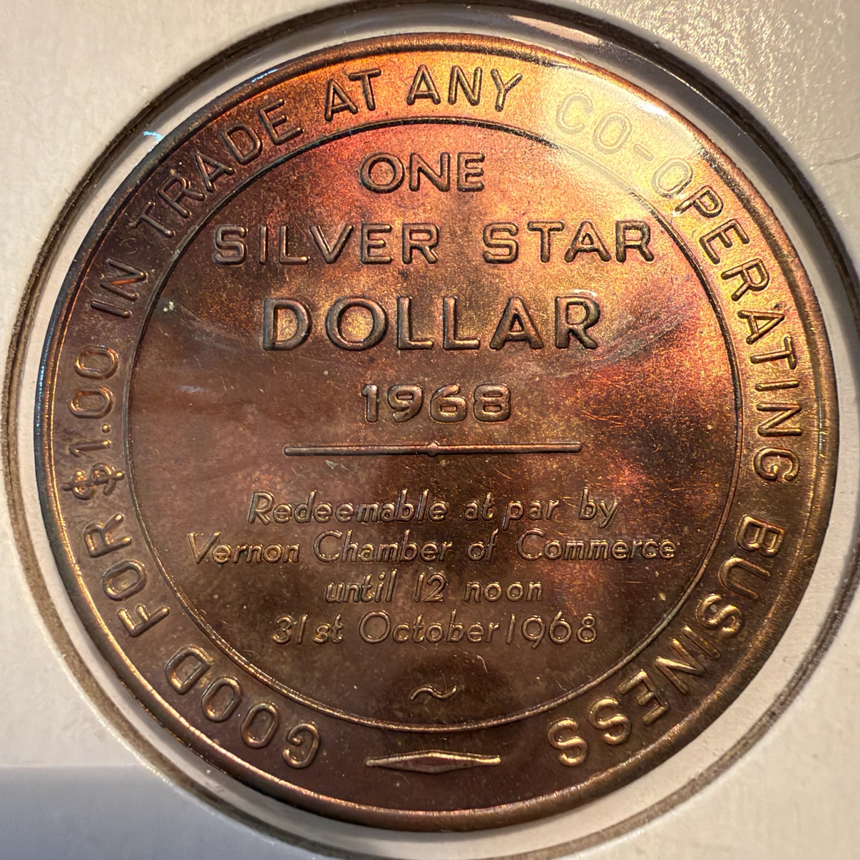1968 Vernon British Columbia Silver Star Dollar Token - photo 2