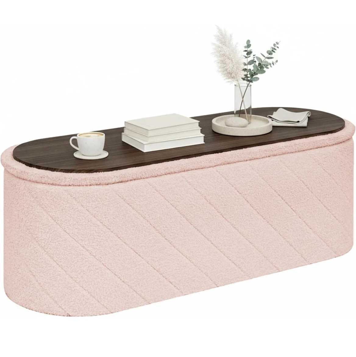 Pink Bouclé Storage Bench with Flip Table Top