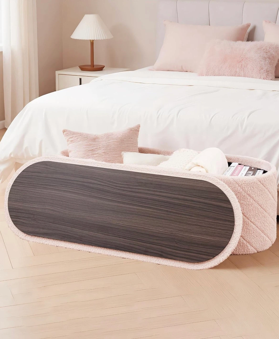 Pink Bouclé Storage Bench with Flip Table Top - photo 2