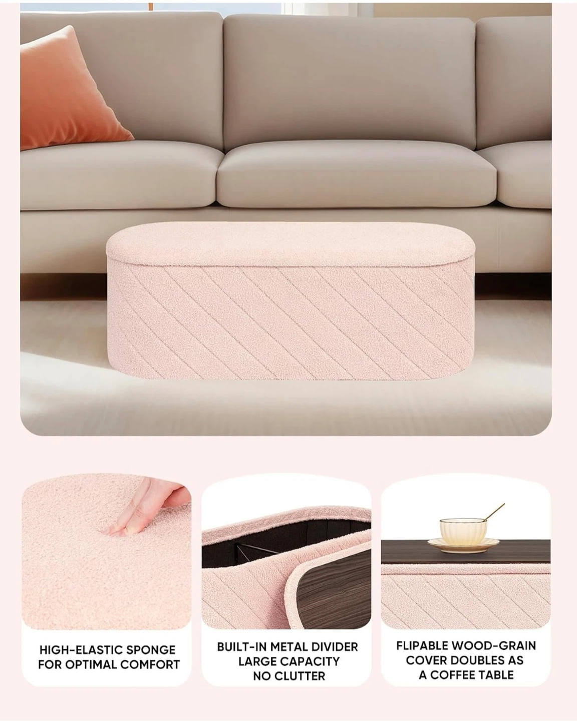 Pink Bouclé Storage Bench with Flip Table Top - photo 3