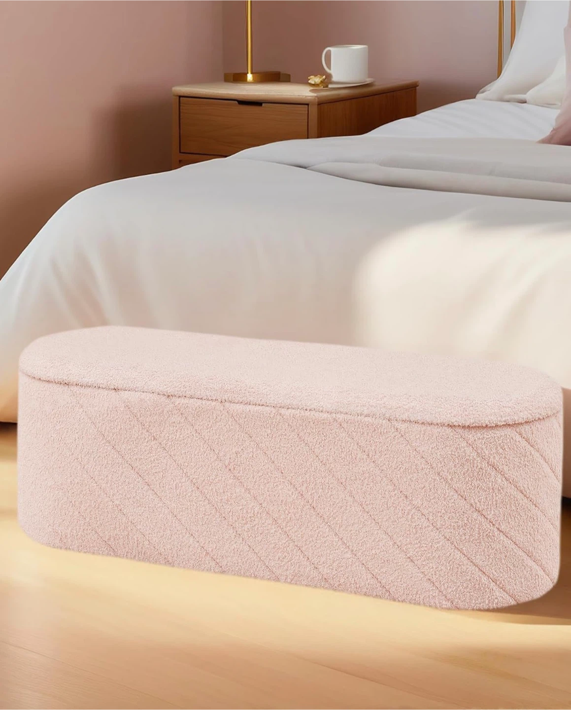 Pink Bouclé Storage Bench with Flip Table Top - photo 4
