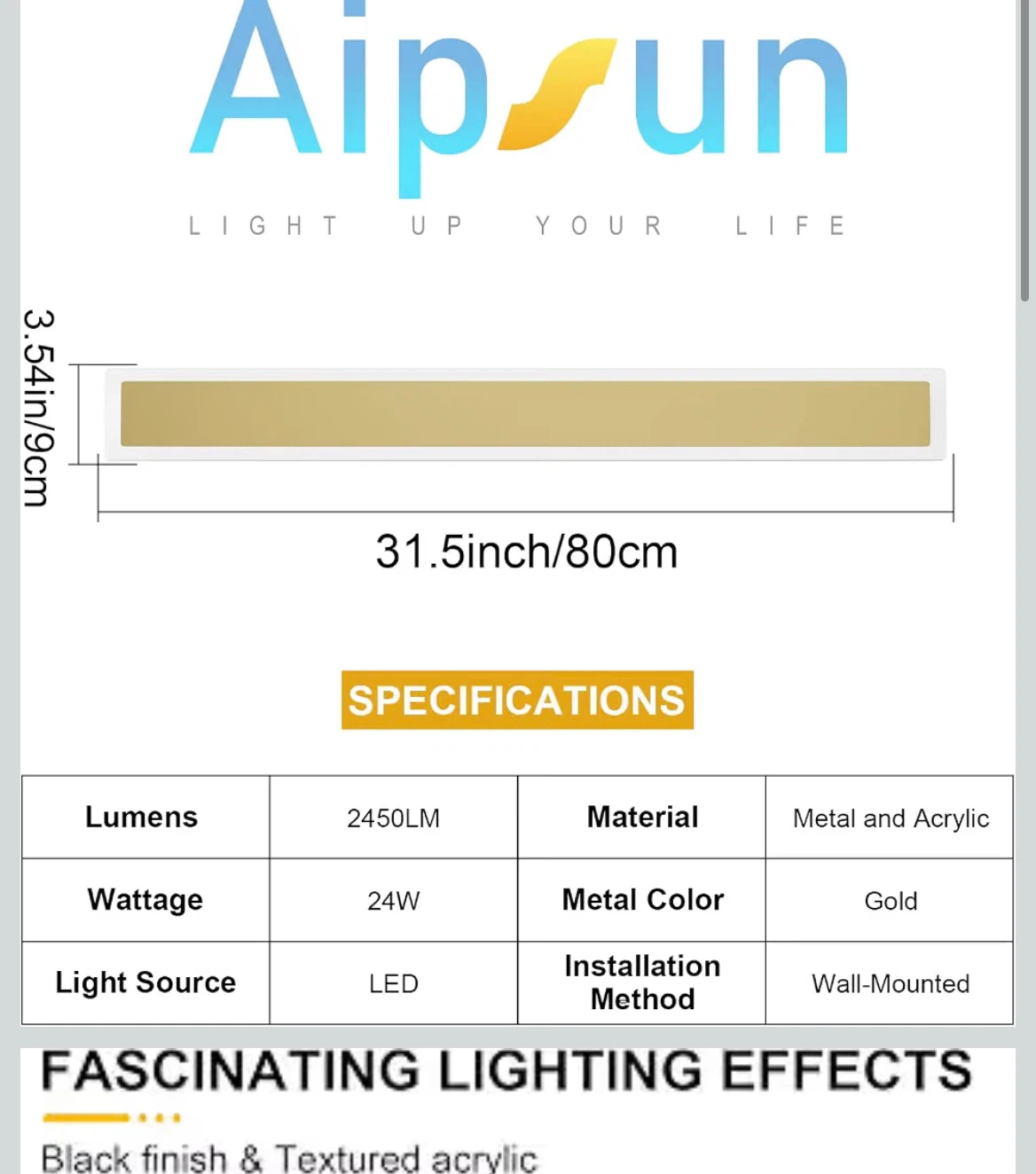 Aipsun LED Wall Light Gold 80cm - photo 3