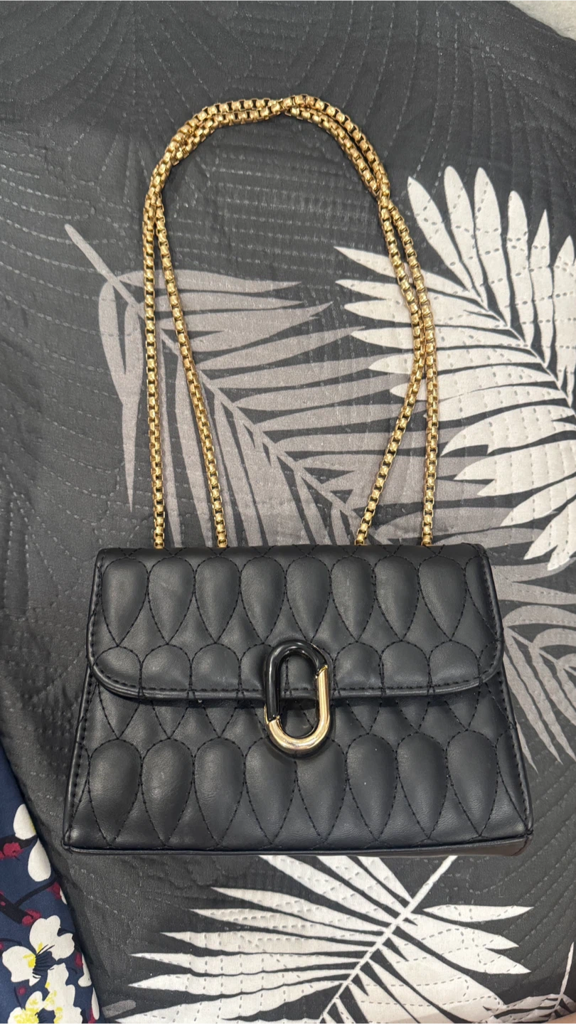 Black Quilted Shoulder Bag with Gold-Tone Chain