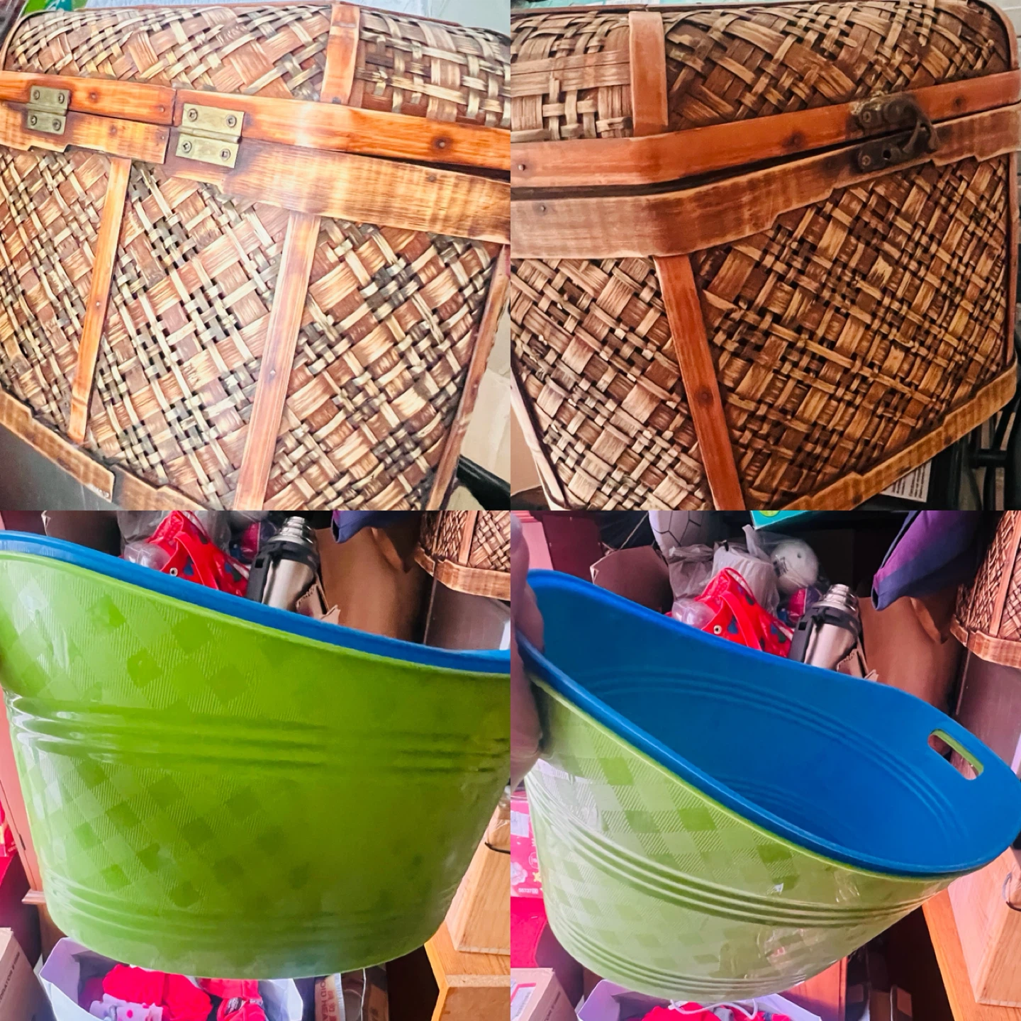 Woven Basket with Green & Blue Buckets