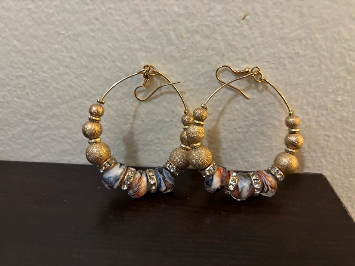NEW-Gold Tone Beaded Hoop Earrings