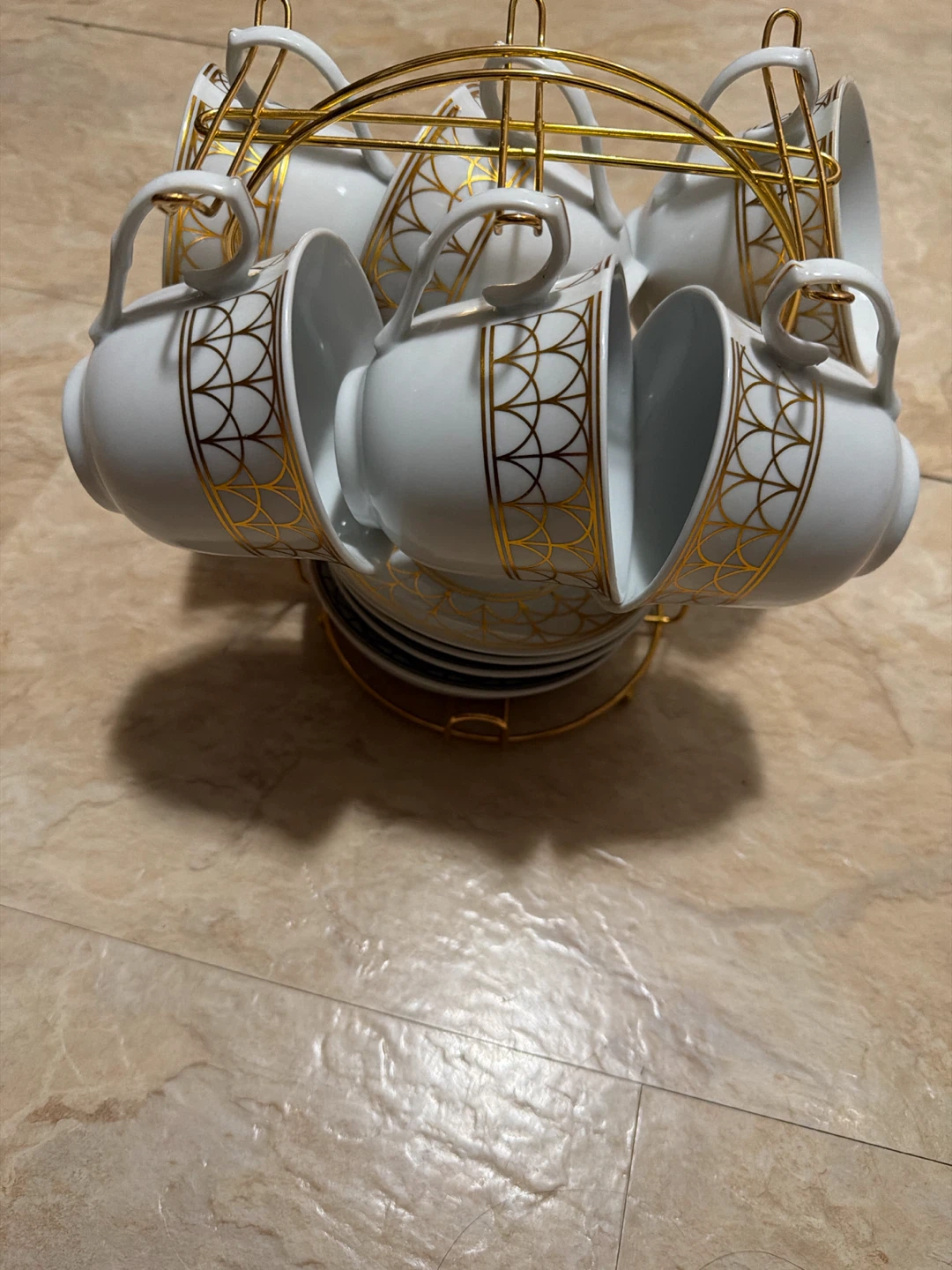 Gold Trim Ceramic Tea Cup Set with Stand