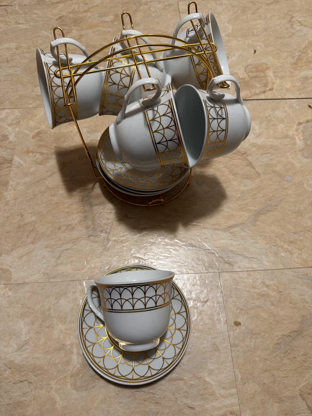 Gold Trim Ceramic Tea Cup Set with Stand - photo 2
