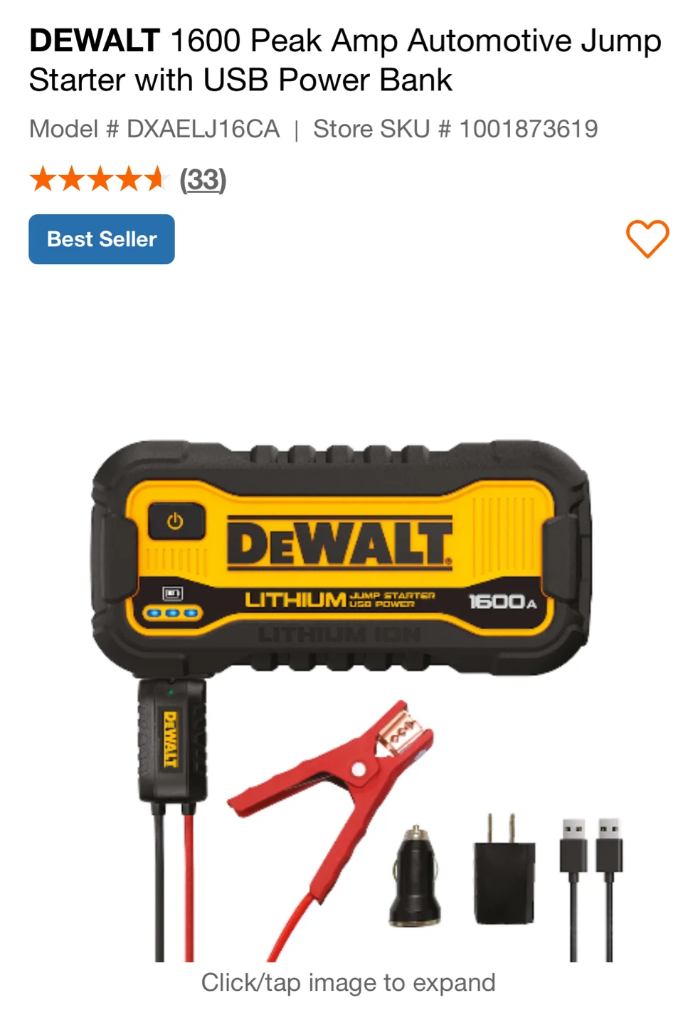 DEWALT 1600 Peak Amp Jump Starter with USB Power Bank