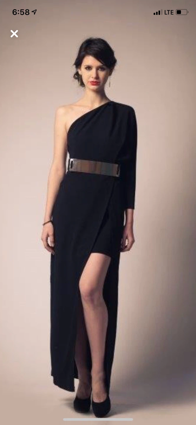 Black one-shoulder evening dress with gold belt