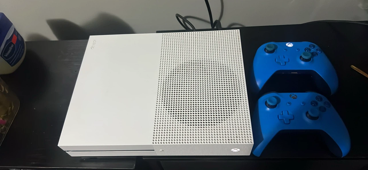 Xbox One S Console with Two Blue Controllers