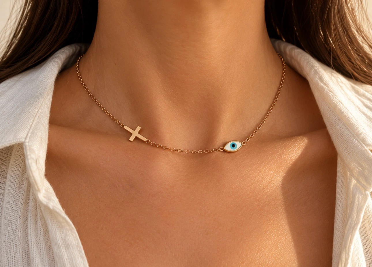 Gold Tone Eye and Cross Necklace
