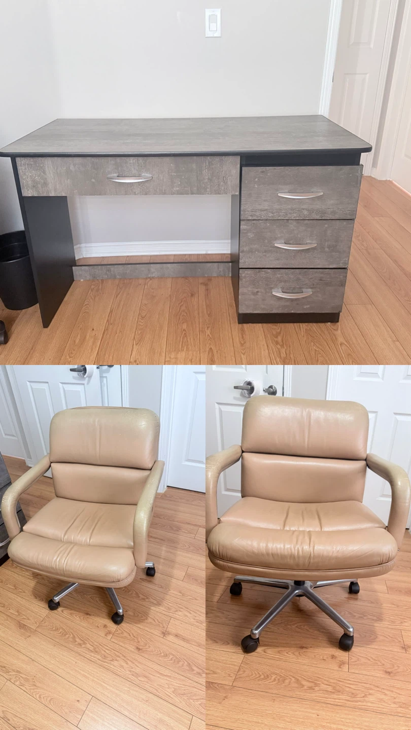Computer desk and 2 beige office chairs